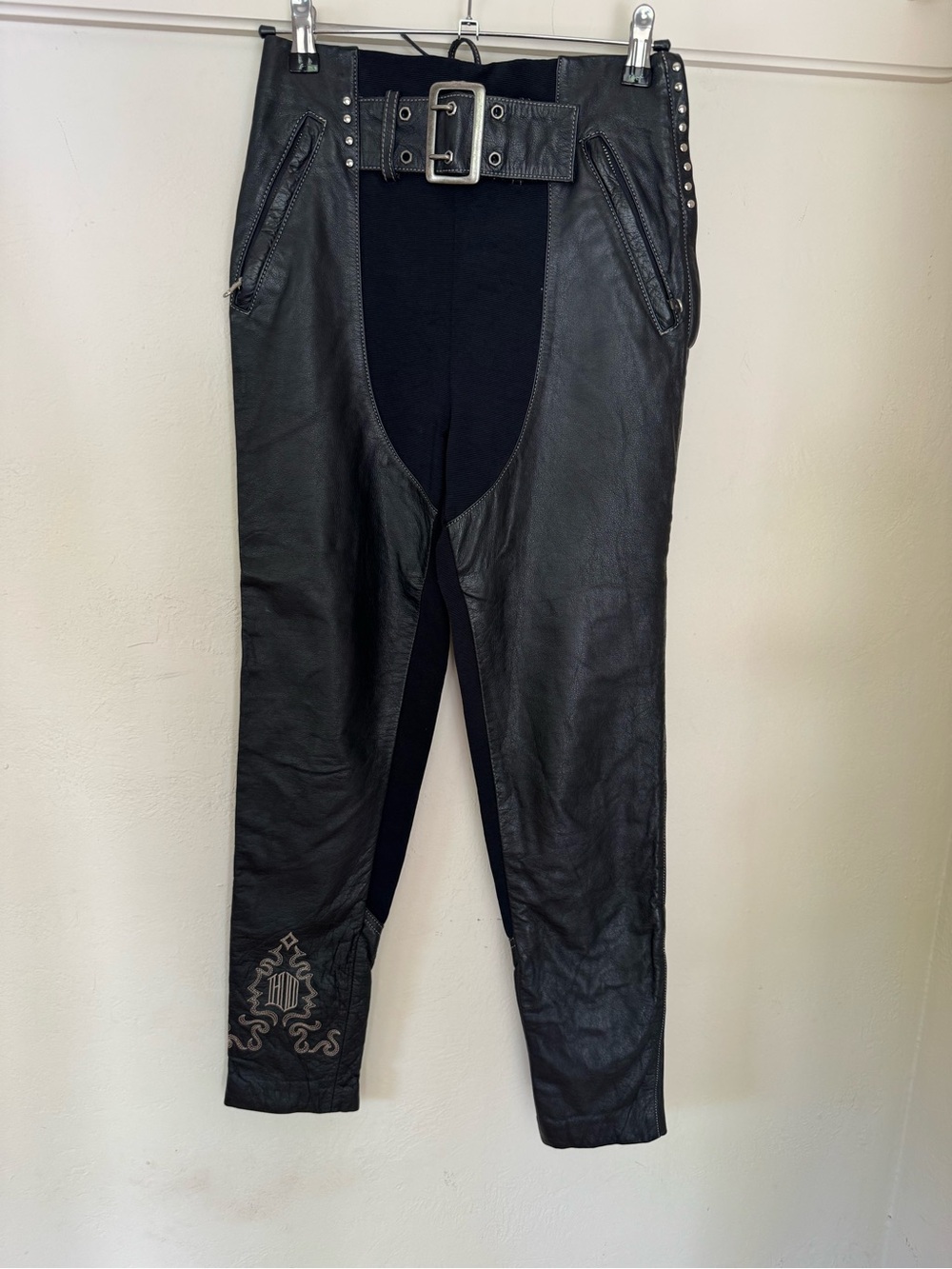 Harley-Davidson Leather Stretch Riding Pants Women’s Sz 32/4 Black Belted